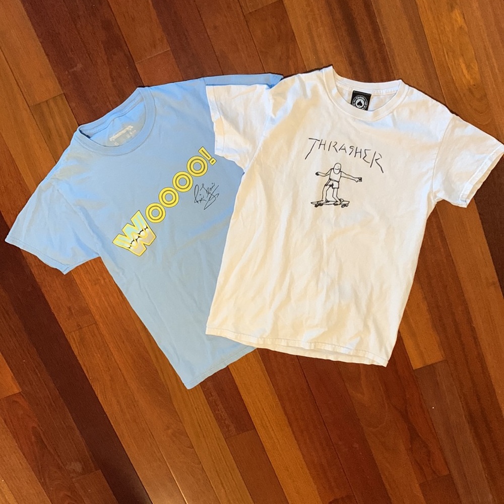 Thrasher skateboard and WWE WWF Ric Flair WOOO kids tee shirts